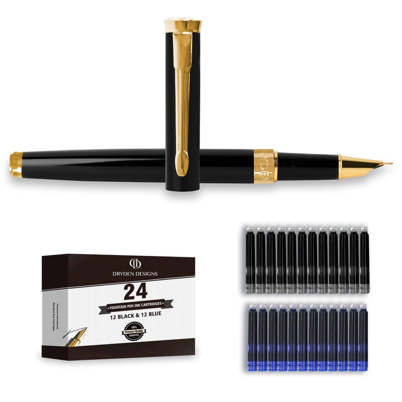 Dryden Designs Fine Nib Fountain Pen - Includes 24 Ink Cartridges - 12 Black and 12 Blue - Emerald Green - Smooth Elegant Writing with Fine Nib and Ink Converters - Image 1